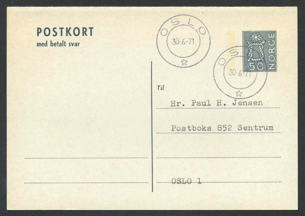Norway stationaries: BK 145 I. Fine double card used inland. 50 øre double card