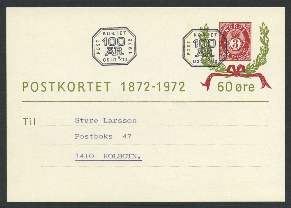 Norway stationaries: BK 152. FDC 9.10.1972. Addressed. (3sk stamp), Posthorn