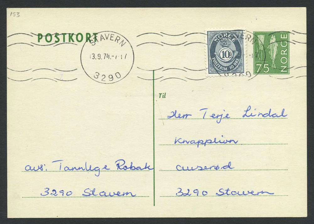 Norway stationaries: BK 153. Fine card used inland. Uprated to 85 øre postage