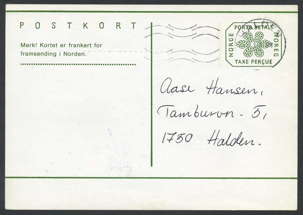 Norway stationaries: BK 188b. Fine card used inland. Green