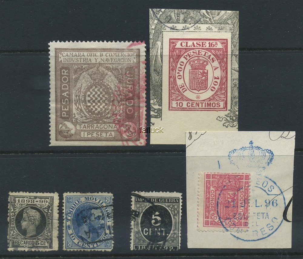 Spain revenues. Lot 6 items, documentary tax stamps, deosit stamp on piece 1896