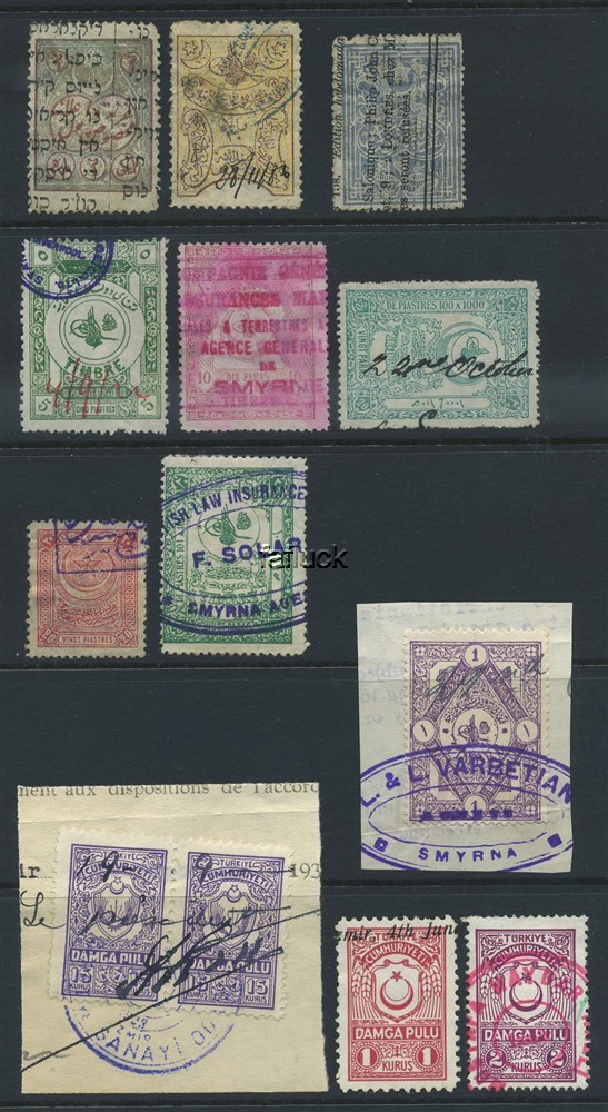 Turkey revenues. Lot 13 documentary tax stamps, all used.  The oldest seems to