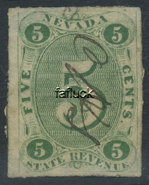 U.S.A. local revenue stamp. 5 cent green Nevada state revenue stamp imperf.