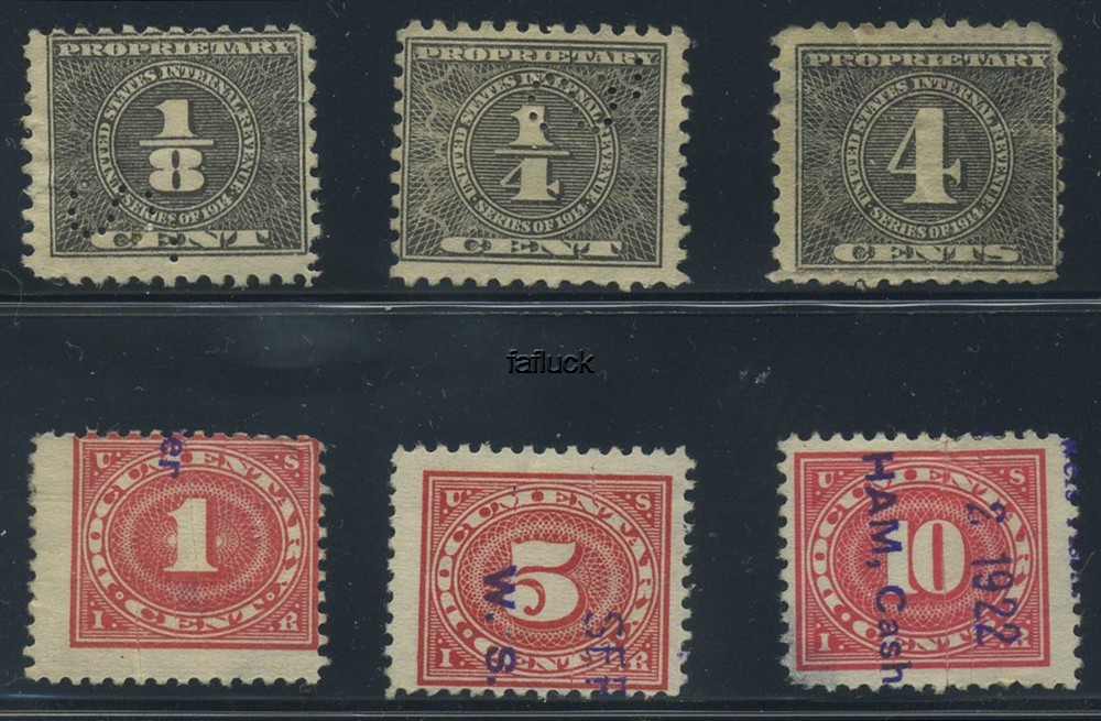 U.S.A. revenues. Lot 6 stamps: 3 from 1914-series and 3 from later issues (1920