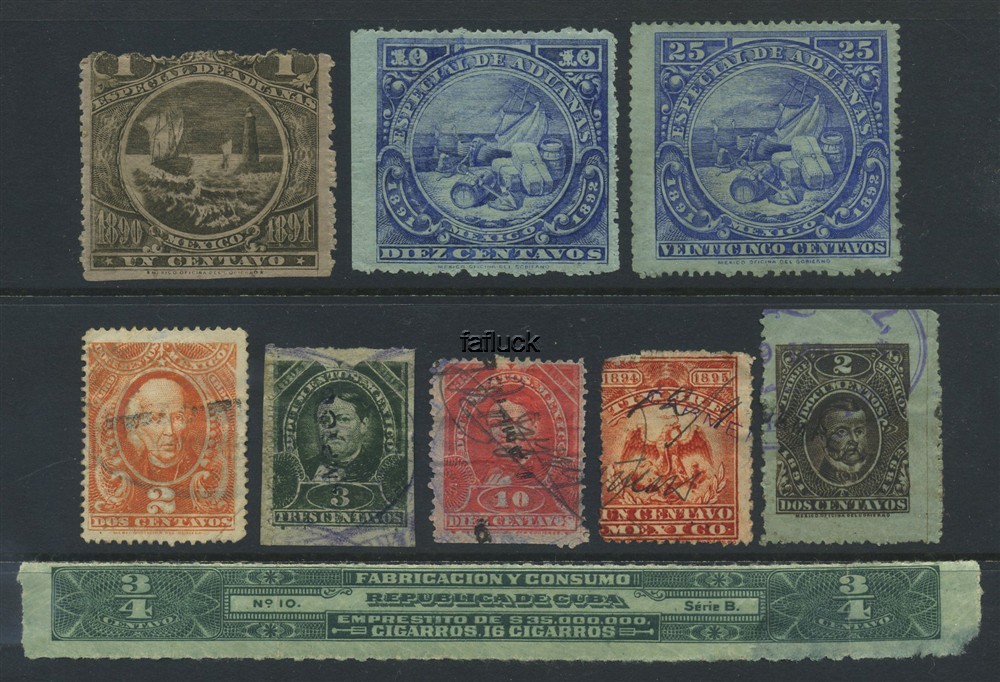 Mexico revenues: Lot 8 different stamps from 1890s. Mixed quality. Comprises 3