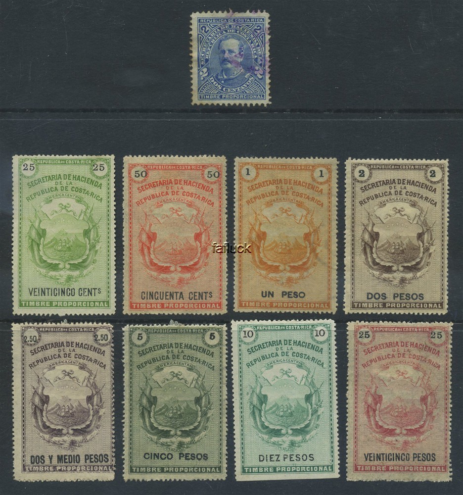 Costa Rica revenues. Lot 9 documentary tax stamps, whereof 8 in large format.