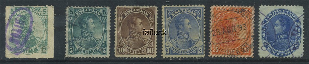 Venezuela revenues. Lot 6 older stamps incl two unused ones. Slightly mixed