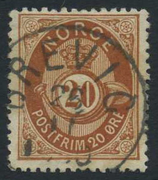 NK 0027. BREVIG 26.11.1880. Beautiful upright 1-ring canc.  20 øre shaded posth