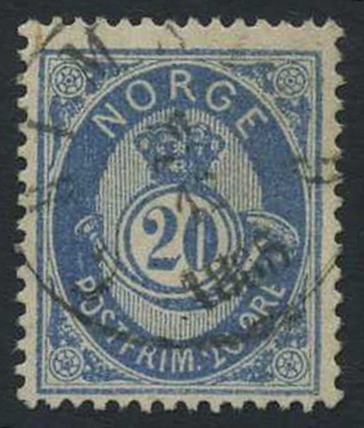 NK 0040 IIa. GRIMSTAD 29.12.1885. A discrete full canc. on 20 øre  blue 21mm el