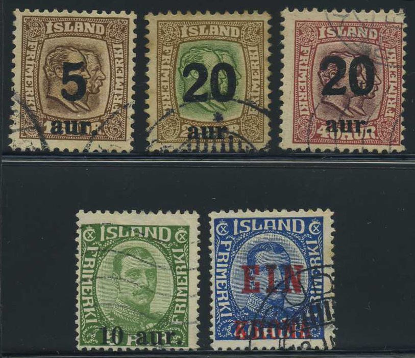 Iceland stamps: 0104-06, 158-59. Lot 5 provisional issues in f.u. to v.f.u.