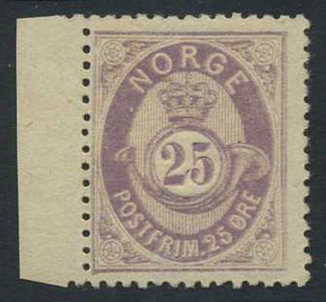 NK 0028. * 25 øre shaded posthorn, 1877. Centered left, sheet margin left side.