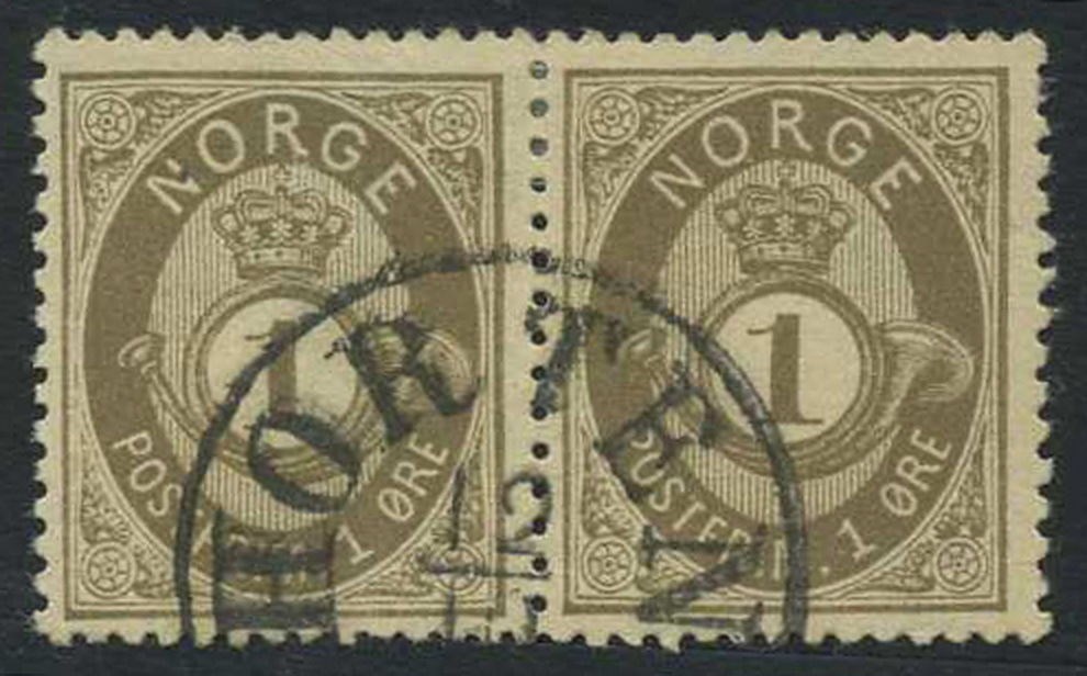 NK 0022. HORTEN 12.11... Beautiful horisontal pair. (SK 160,-) 1 øre shaded pos