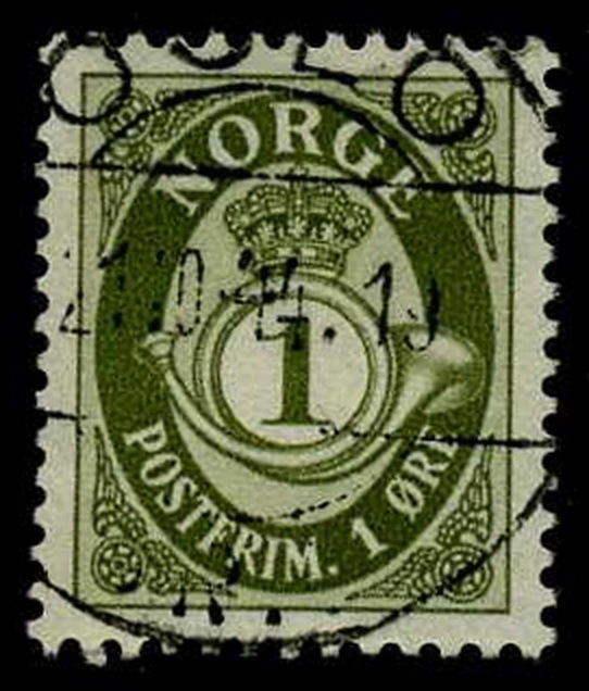 NK 0237. OSLO/BR.I 21.10.44. Superb canc. 1 øre posthorn, no wmk.,  1940.