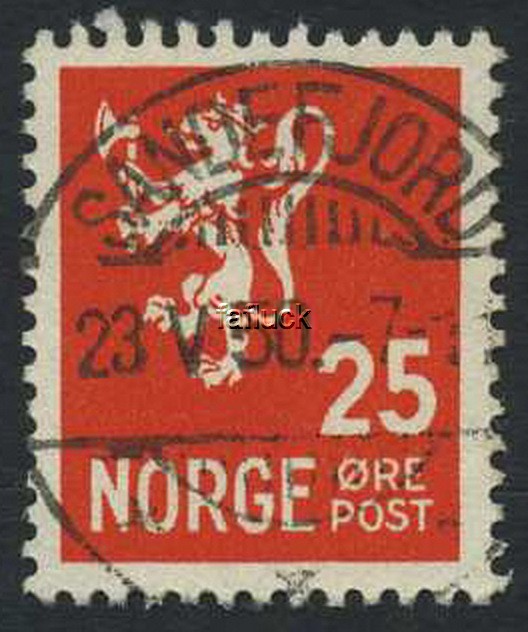 NK 0354. SANDEFJORD 23.V.50 (Vf). Superb canc. on 25 øre Lion new