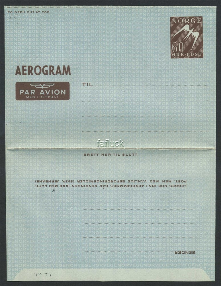 Norway stationaries: AE 001 I v1. * 60 øre Aerogram1948-49. Variety: Spot below
