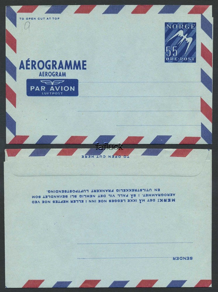 Norway stationaries: AE 010 v1. * 55 øre Aerogram1954. Variety: Blue color  blu