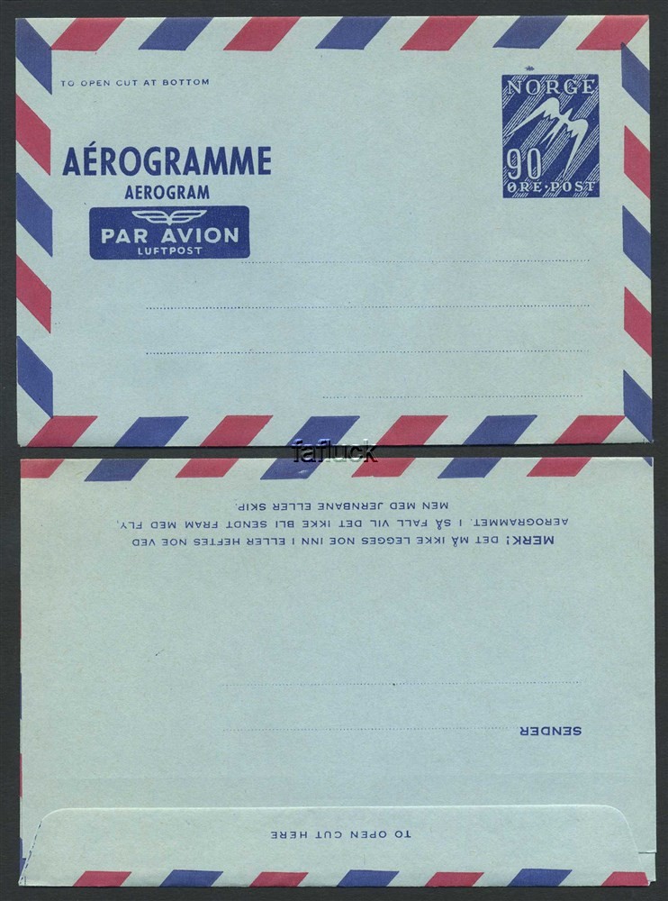 Norway stationaries: AE 014 II a v1. * 90 øre Aerogram1959-69. Variety: Large