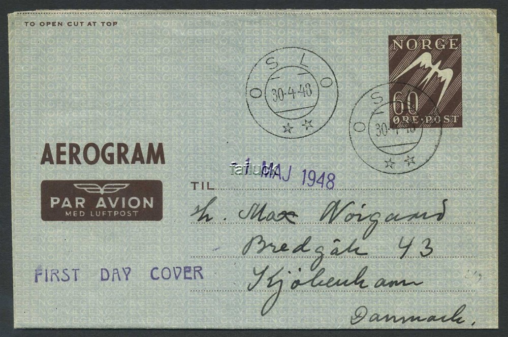 Norway stationaries: AE 001 I. 60 øre Aerogram canc. OSLO/** 30-4-48. FDC. Addr