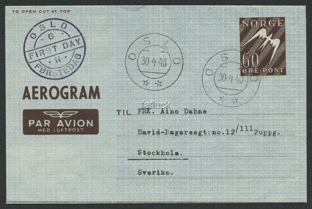 Norway stationaries: AE 001 I. 60 øre Aerogram canc. OSLO/** 30-4-48. FDC. Addr
