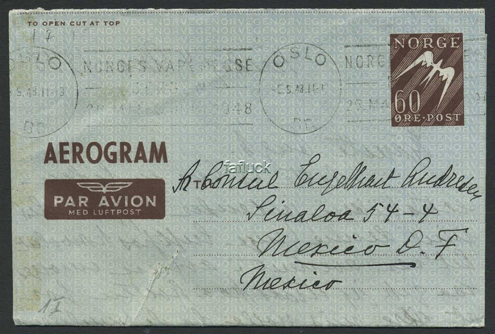 Norway stationaries: AE 001 I. 60 øre Aerogram to MEXICO, canc. OSLO/Br. 5.5.48