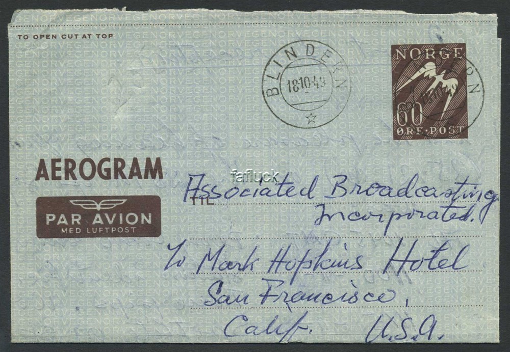 Norway stationaries: AE 001 I. 60 øre Aerogram to USA, canc. BLINDERN 18.10.49.