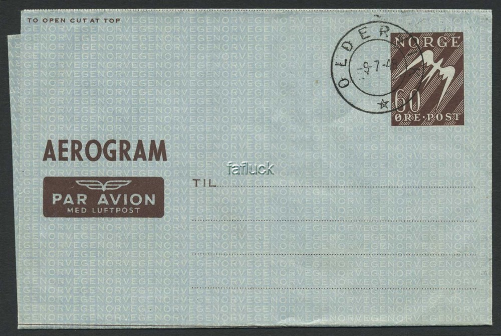 Norway stationaries: AE 001 I. 60 øre Aerogram canc. OLDERVIK 9.7.49. Unaddress
