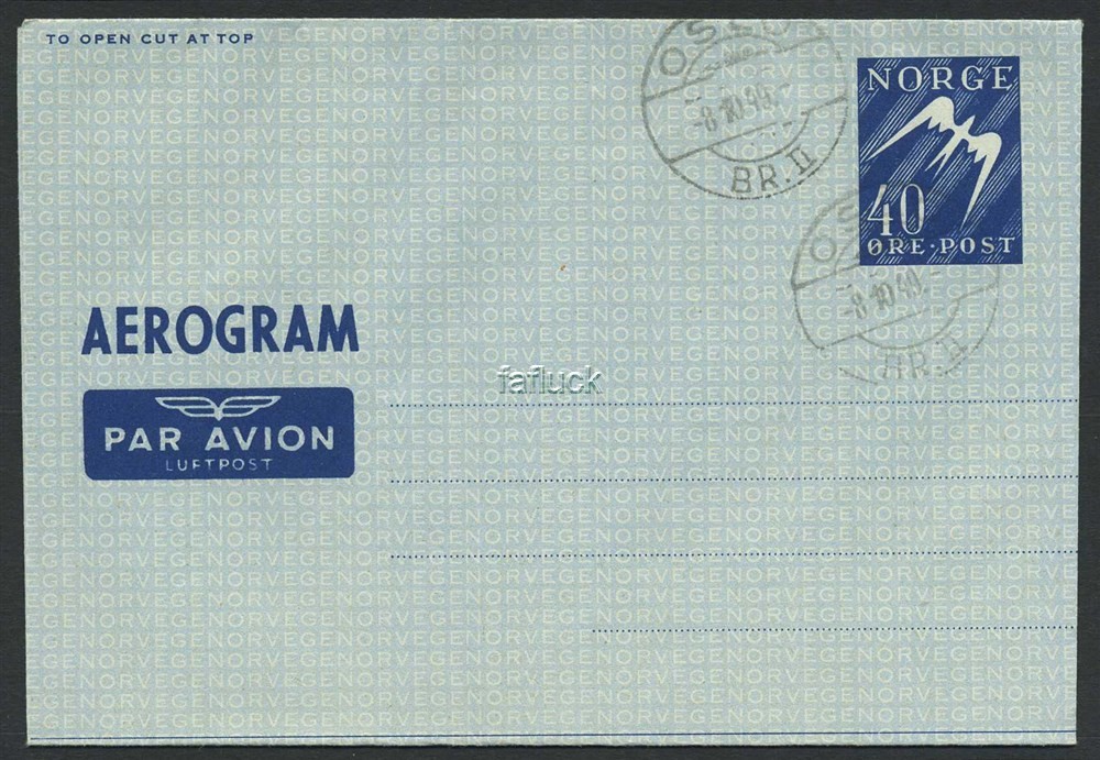 Norway stationaries: AE 003. 40 øre Aerogram canc. OSL/BR.II 8.10.49. First day