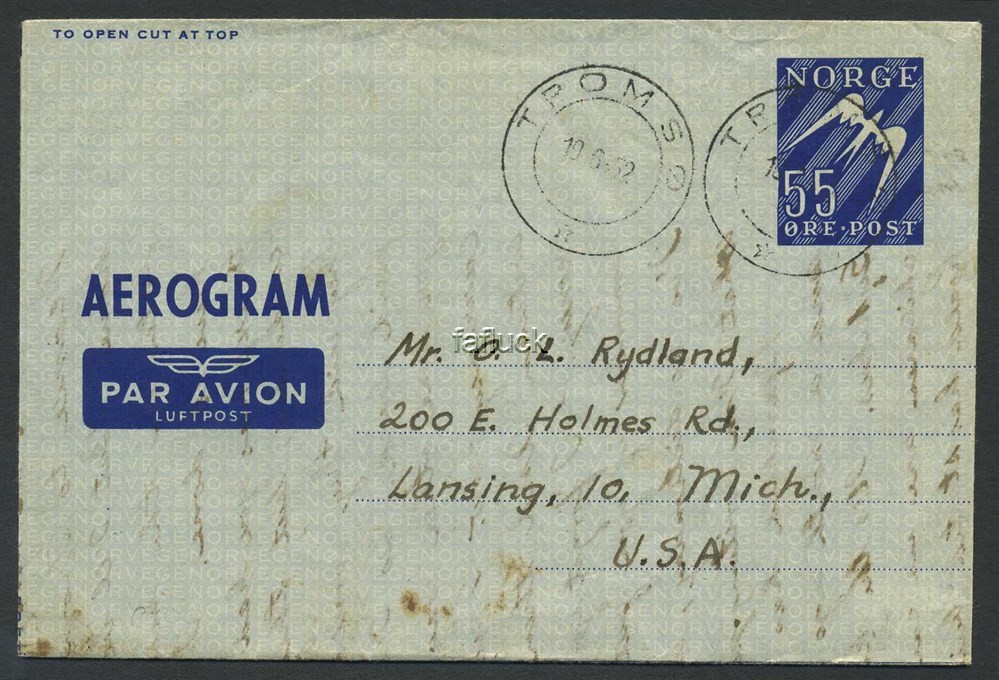 Norway stationaries: AE 006. TROMSØ 1952.06.10, 55 øre aerogram to USA. (Aune 7