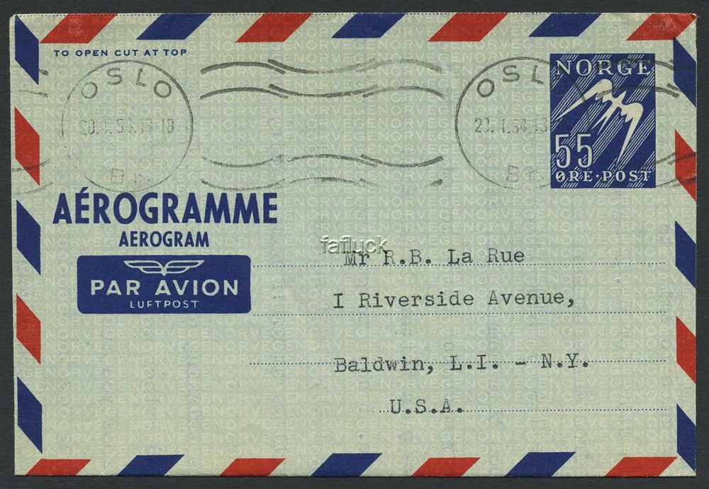 Norway stationaries: AE 008. OSLO/Br. 1954.01.20.  55 øre aerogram to USA. (Aun