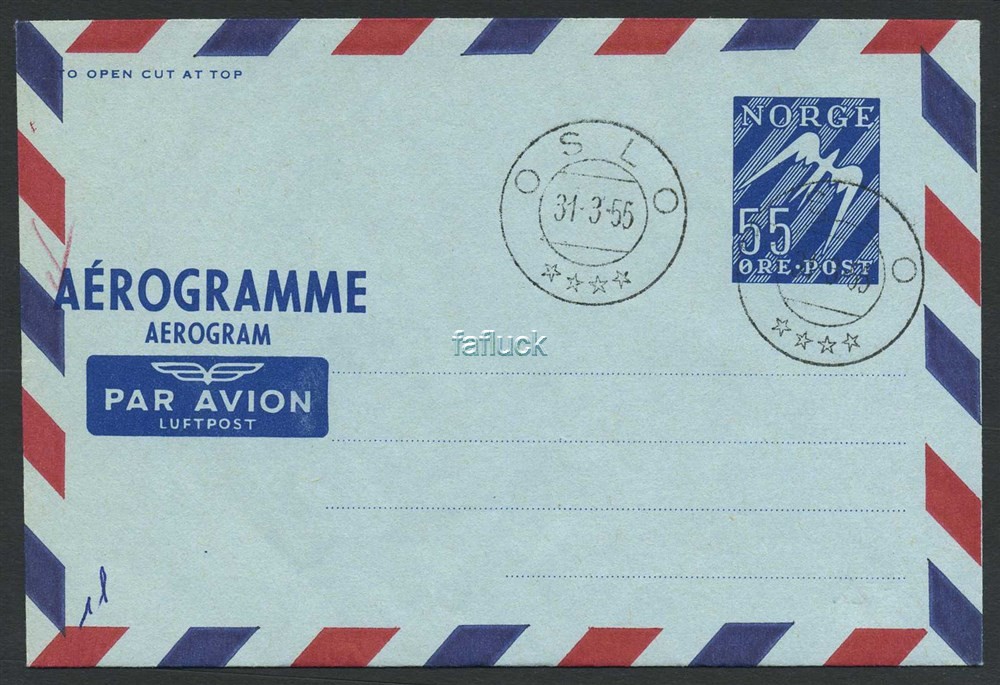Norway stationaries: AE 010. OSLO/**** 1955.03.31. 55 øre aerogram, unaddressed