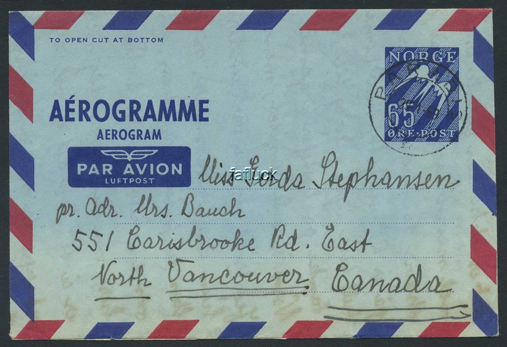 Norway stationaries: AE 014 I. PARADIS 1959.01.29, 90 øre aerogram to CANADA.