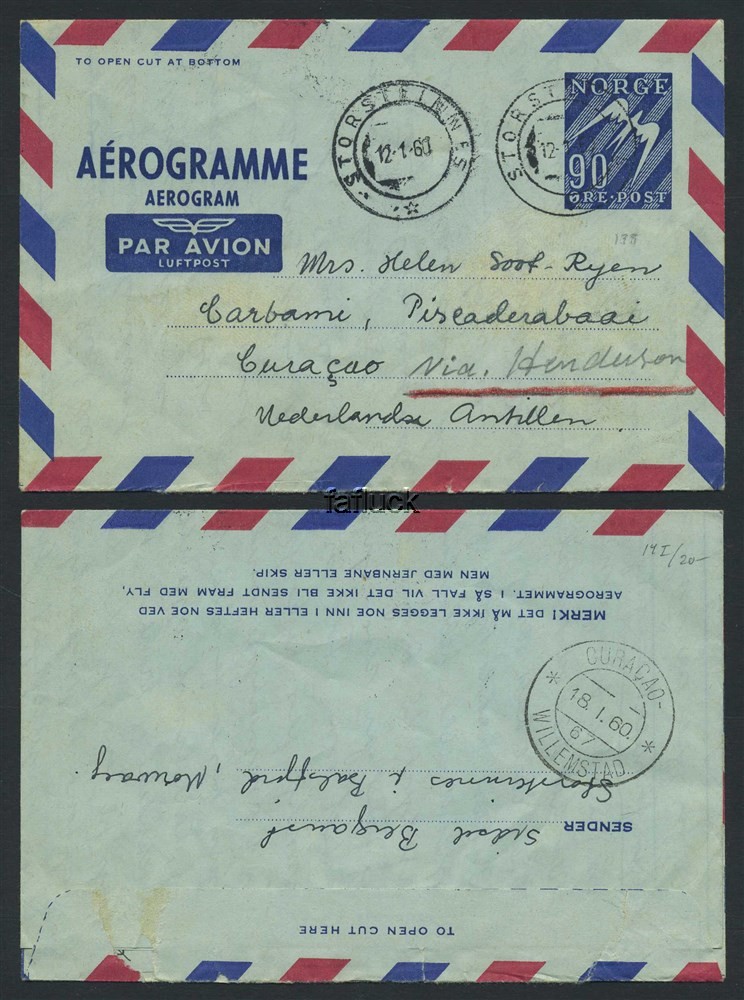 Norway stationaries: AE 014 I. STORSTEINNES 1960.01.12, 90 ø aerogram TO CURACA