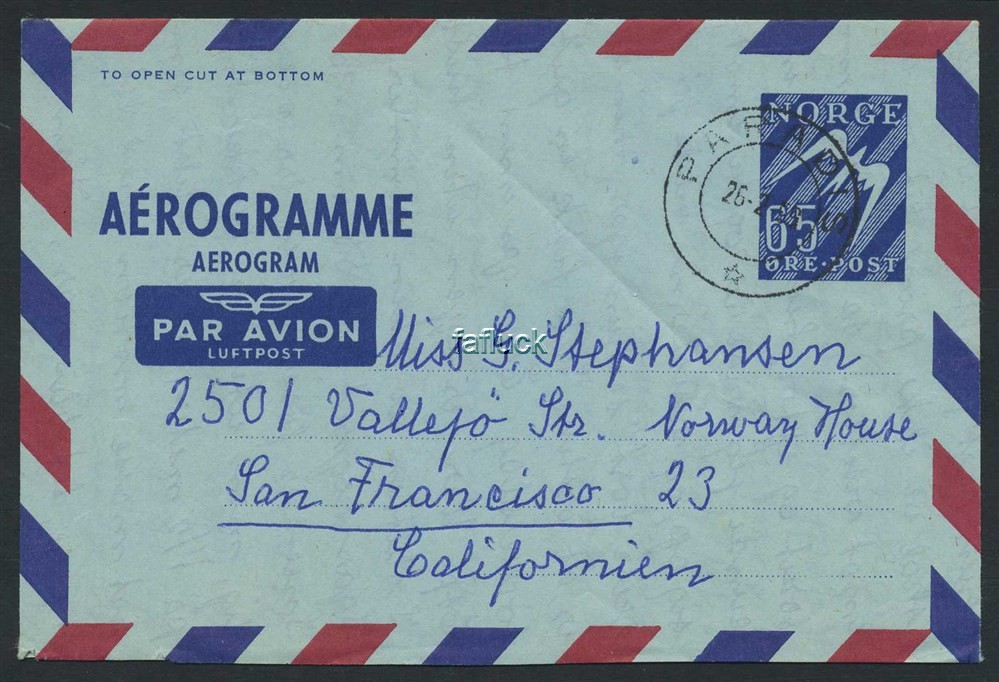 Norway stationaries: AE 014 I. PARADIS 1959.02.26, 65 øre aerogram to USA. I =