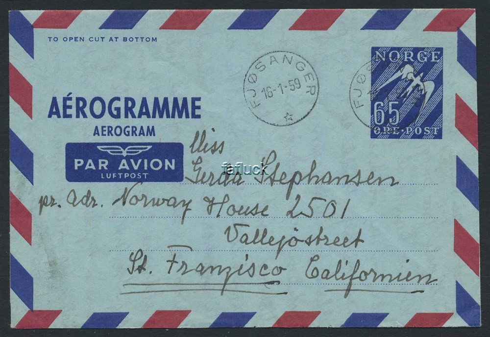 Norway stationaries: AE 014 I. PARADIS 1959.01.16, 65 øre aerogram to USA. I =