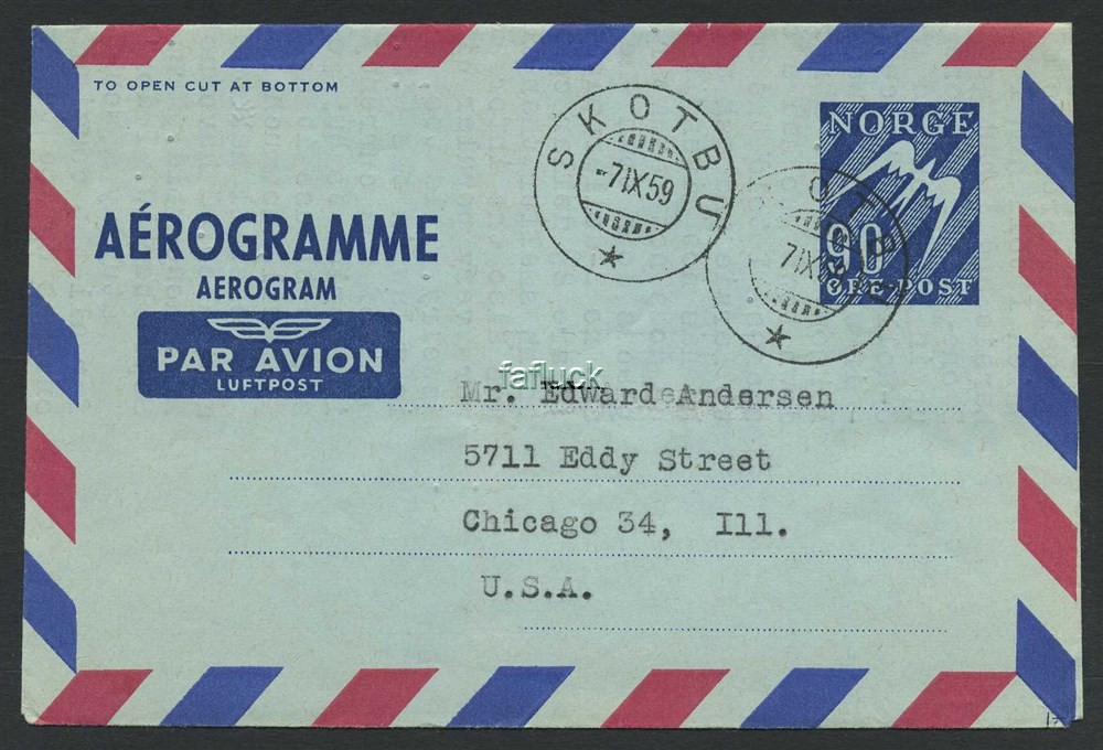 Norway stationaries: AE 014 I. SKOTBU 1959.09.07, 90 øre aerogram to USA, I =