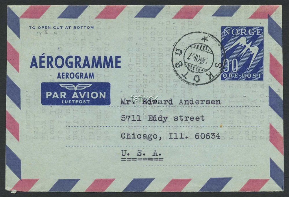 Norway stationaries: AE 014 II a. SKOTBU 1967.12.14, 90 øre aerogram to USA.  I
