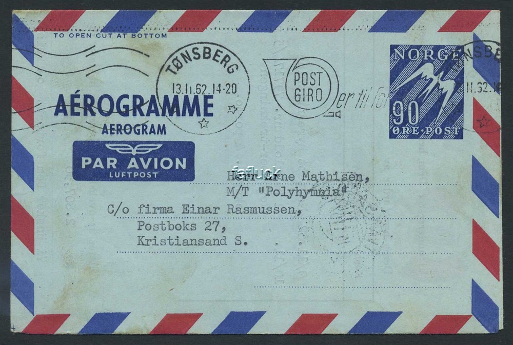 Norway stationaries: AE 014 II a. TØNSBERG 1962.11.13, 90 øre aerogram to M/T