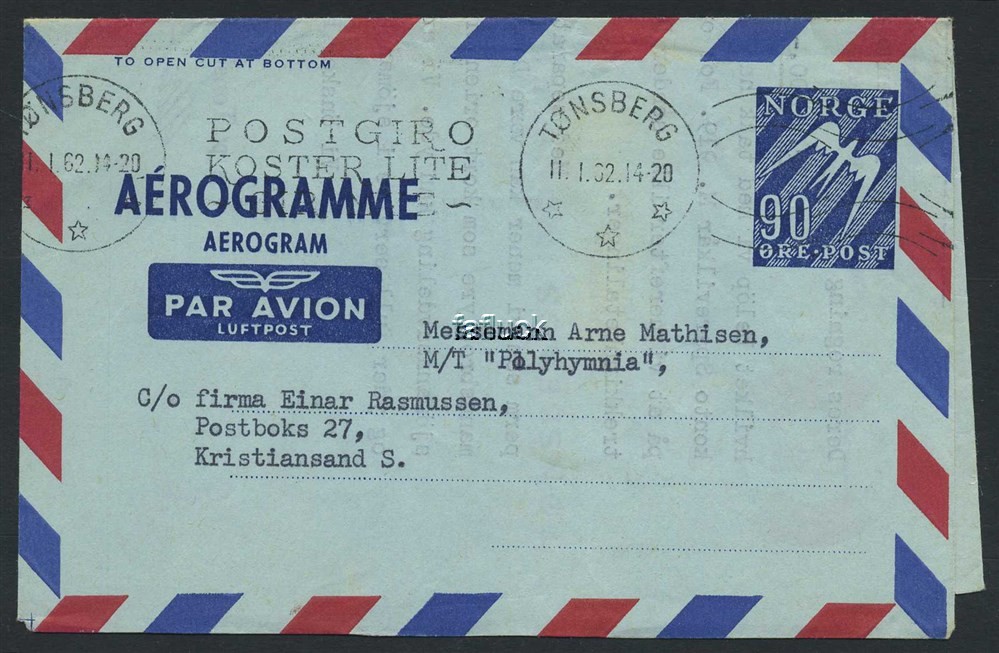 Norway stationaries: AE 014 II a. TØNSBERG 1962.01.11, 90 øre aerogram to M/T