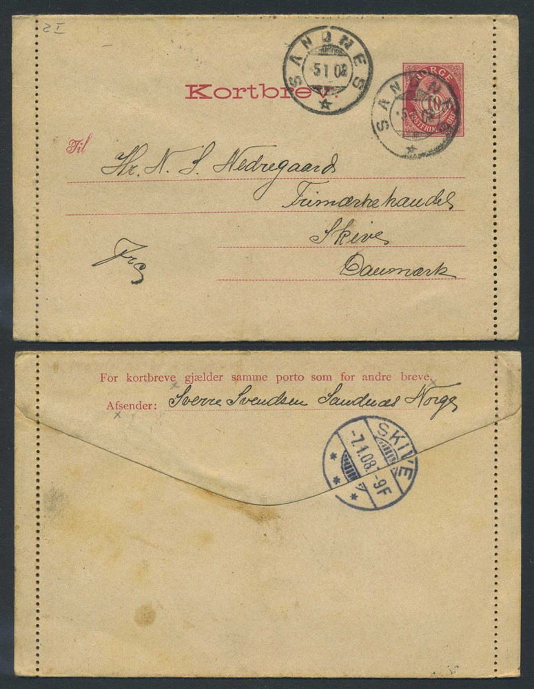 Norway stationaries: KB 002 I Ya. SANDNES 1908.01.05. 10 øre letter-card 1898-0