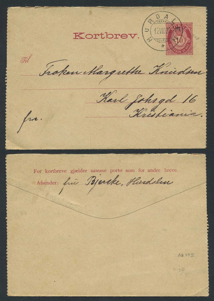 Norway stationaries: KB 002 I Ya. HURDALEN 1908.08.12 to Kristiania. 10 øre let