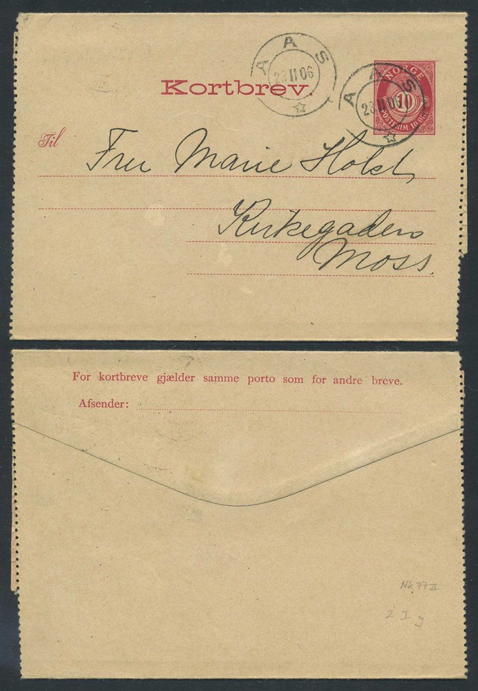 Norway stationaries: KB 002 I Ya. AAS 1906.02.28 addressed to Moss. 10 øre lett