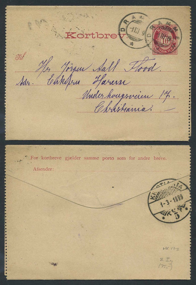 Norway stationaries: KB 002 I Yc. DRAMMEN 1909.03.01, addressed to Christiania.