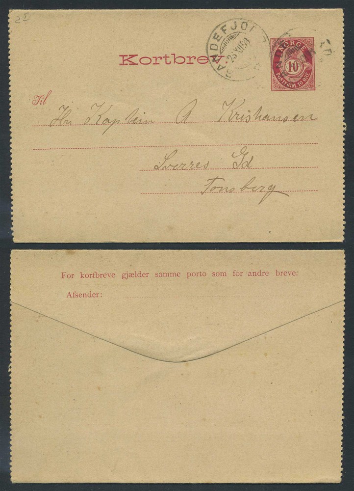 Norway stationaries: KB 002 I Yc. SANDEFJORD 1898.12.23, addressed to Tønsberg.