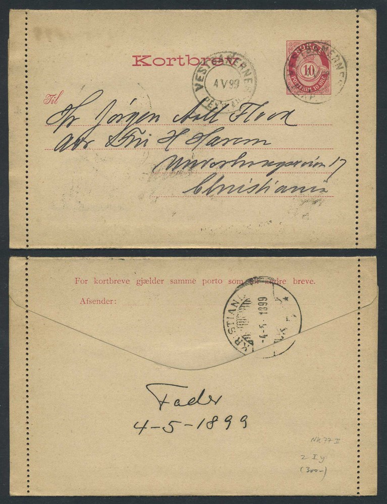 Norway stationaries: KB 002 I Yc v1. VESTBANERNES/PEXP. AII 1899.05.04 to Chra.
