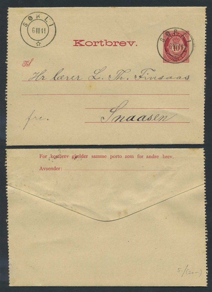 Norway stationaries: KB 005. SØRLI 1911.03.06, addressed to Snaasen.  SUPERB! 1