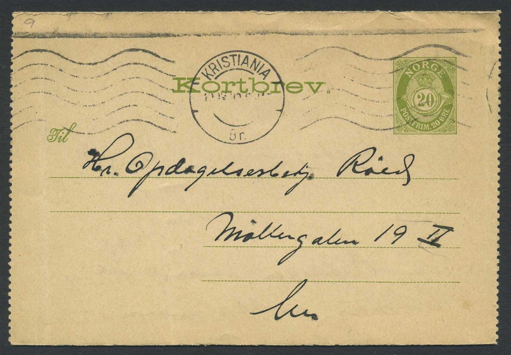 Norway stationaries: KB 009. 20 øre letter-card 1920-22 sent inland. (Aune 50,-