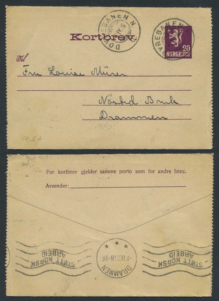 Norway stationaries: KB 010 b. DOVREBANEN N./O. 1926.09.07, addressed to Dramme