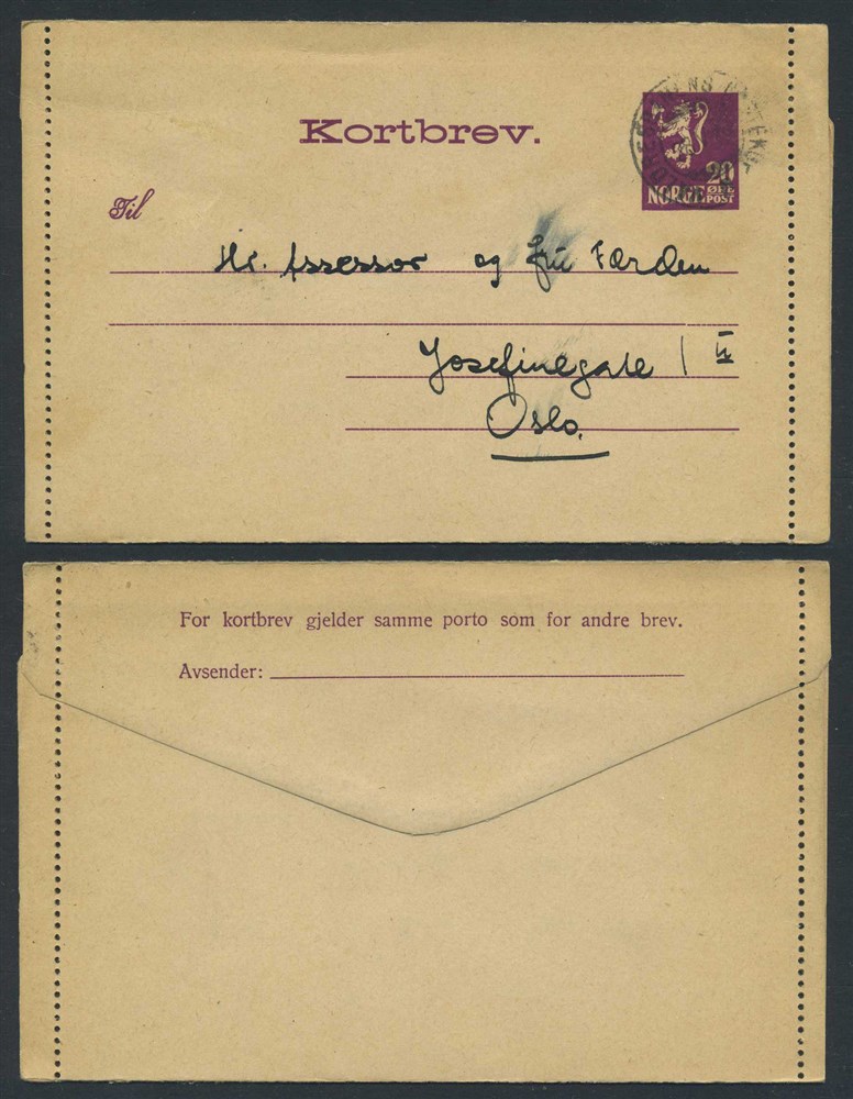 Norway stationaries: KB 010 b. VALDRESBANENS POSTEKSP./D 1928.05.28, addressed