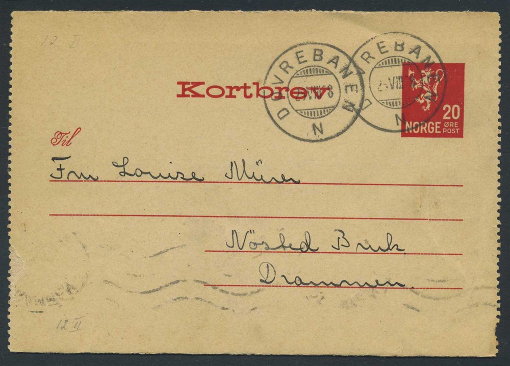 Norway stationaries: KB 012 I. DOVREBANEN/N. 1928.08.25, addressed to Drammen.