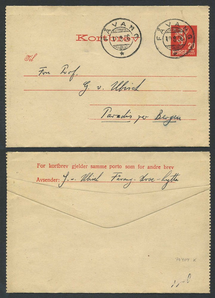 Norway stationaries: KB 012 II. FÅVANG 1936.08.10, addressed to Paradis. 20 øre